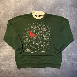 Vintage Morning Sun Green Cardinal Winter Bird Mock Neck Sweatshirt Womens XL